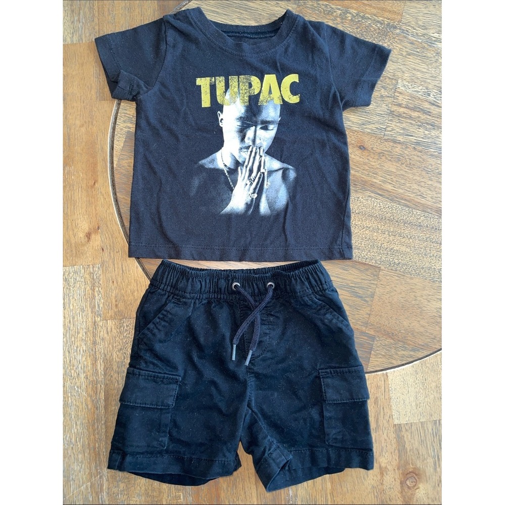 Tupac Graphic Tee and Baby Gap Black Cargo Shorts Set 12-18 Months